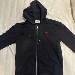 Ami Black Zip Hoodie with Small Red Heart
